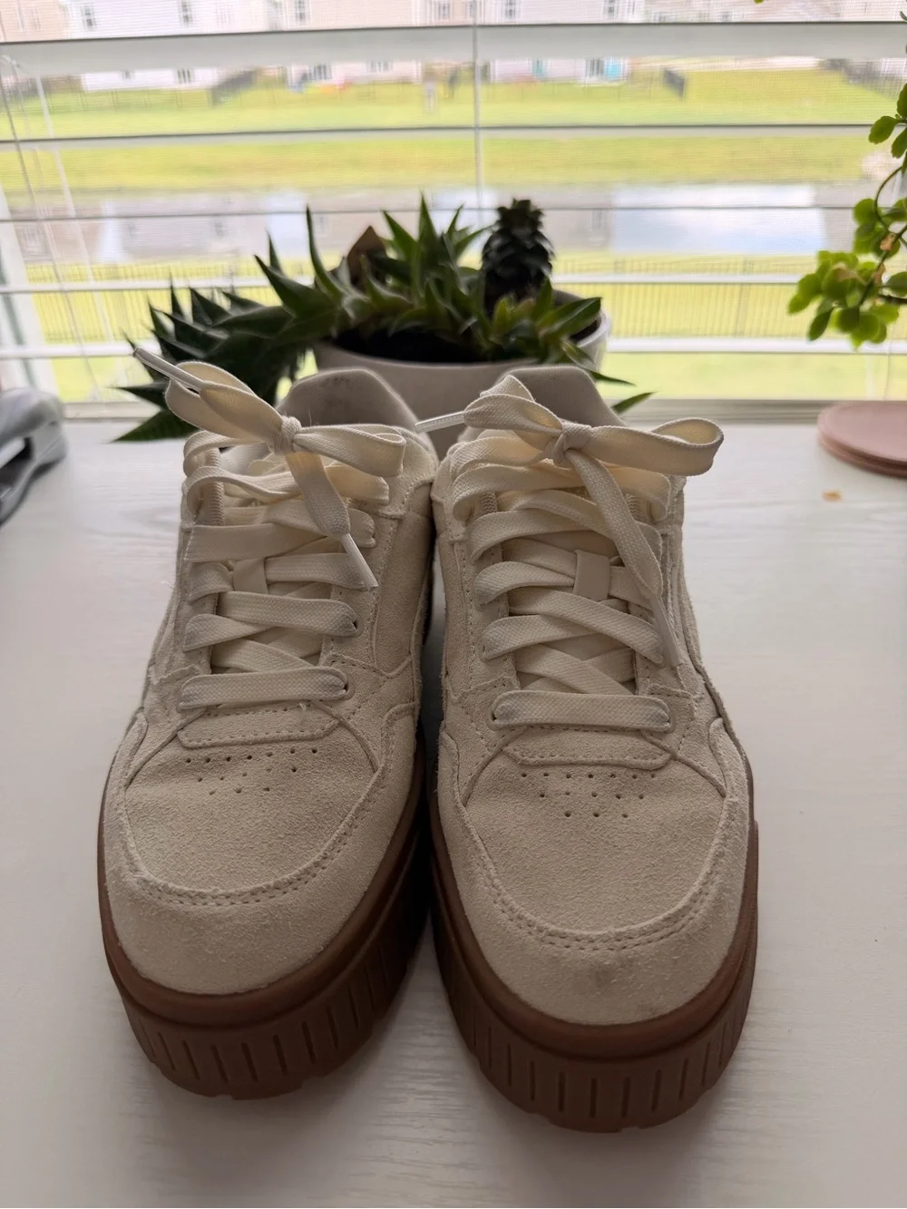 Puma Cream Suede Platform Sneakers with Brown Sole